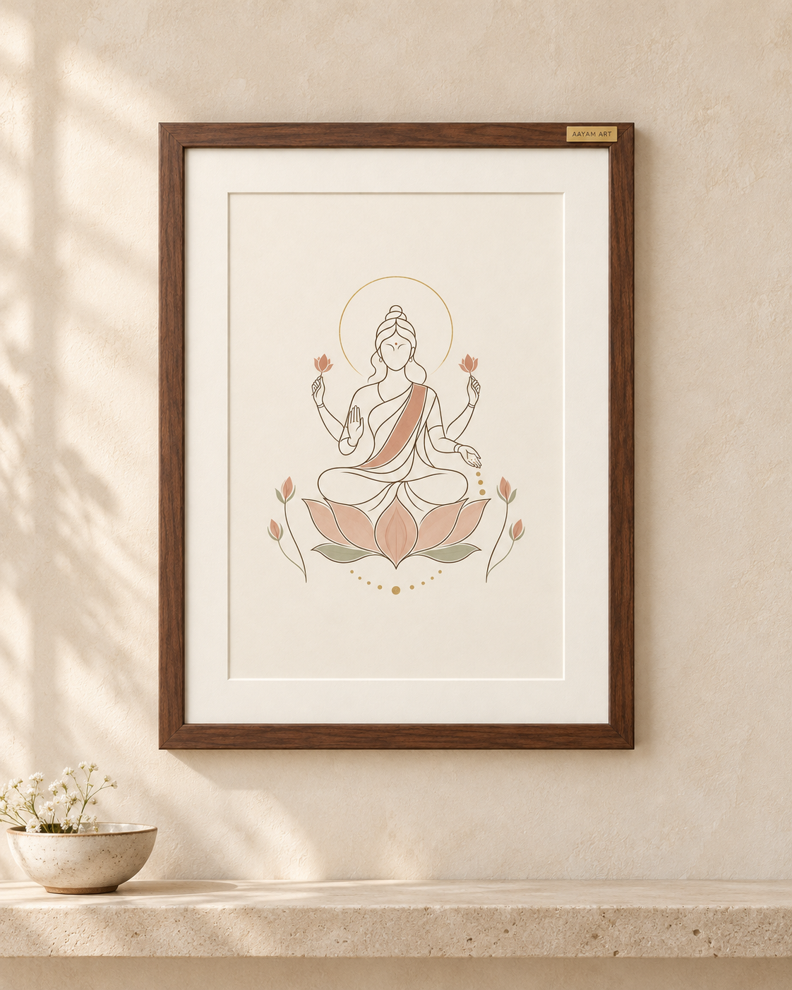 AAYAM ART minimalist lakshmi framed artwork — scale view.