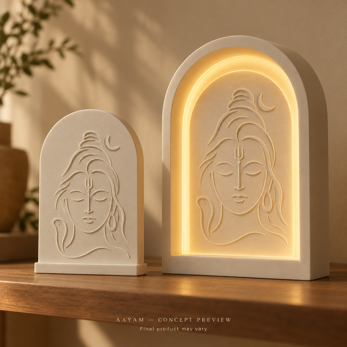AI-generated concept preview: Relief (left) and Halo (right). Final products may vary; not to scale.